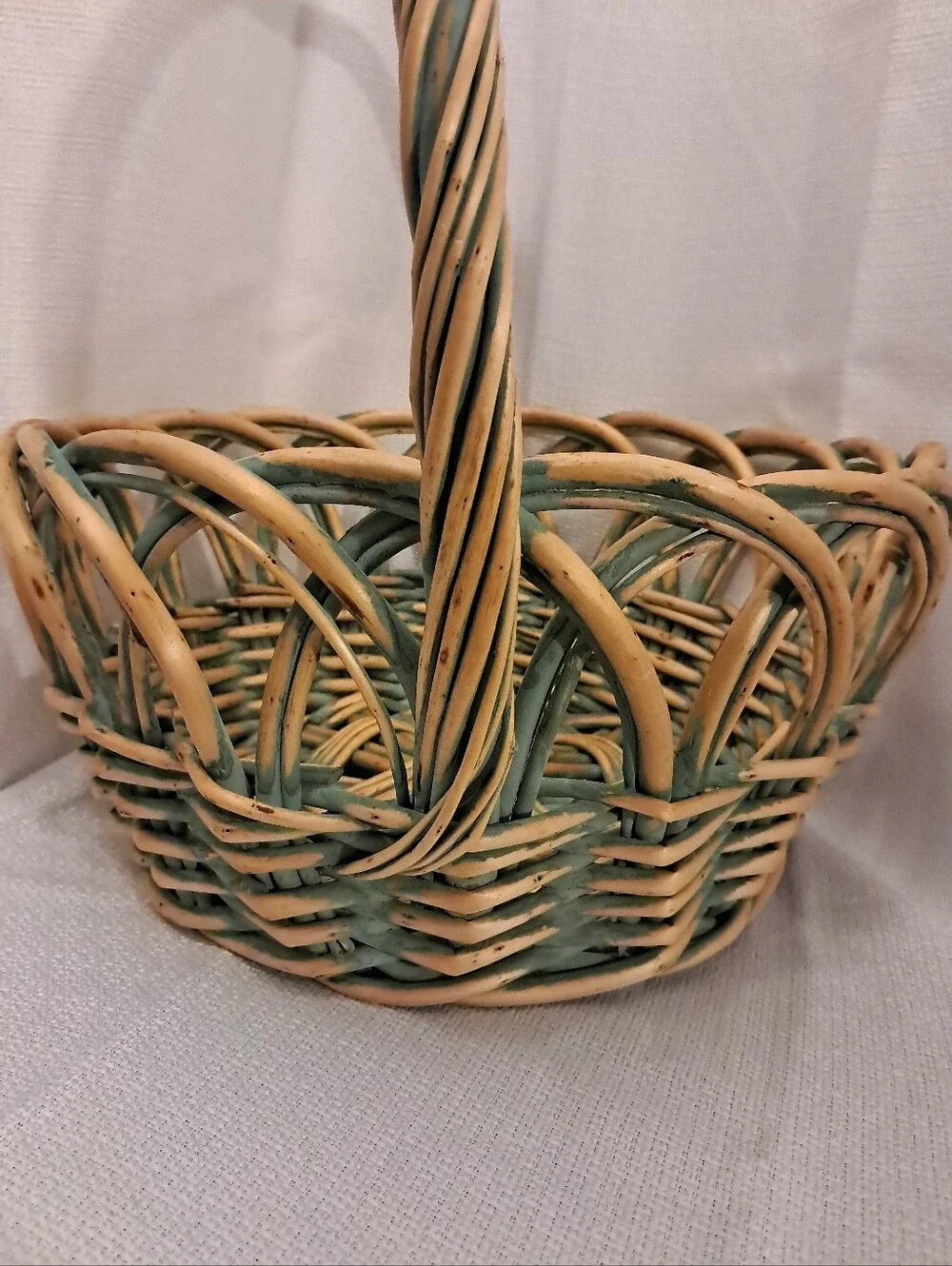 Vintage Large Handwoven Wicker Basket Green & Natural Twisted Handle Cottagecore
